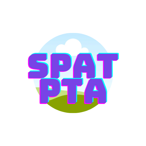 SPAT PTA in purple with a cloud and green ground behind