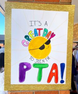 Hand drawn poster with a sun wearing sunglass. Text: "It's a Great Day to join the PTA"