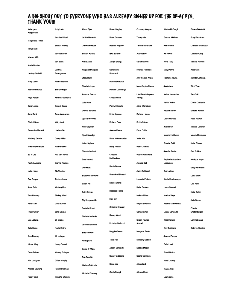 'A Big Shout Out to Everyone who has already signed up for the SP-AT PTA, Thank you!!!'.  Image contains a list of the names of those who have signed up already.  