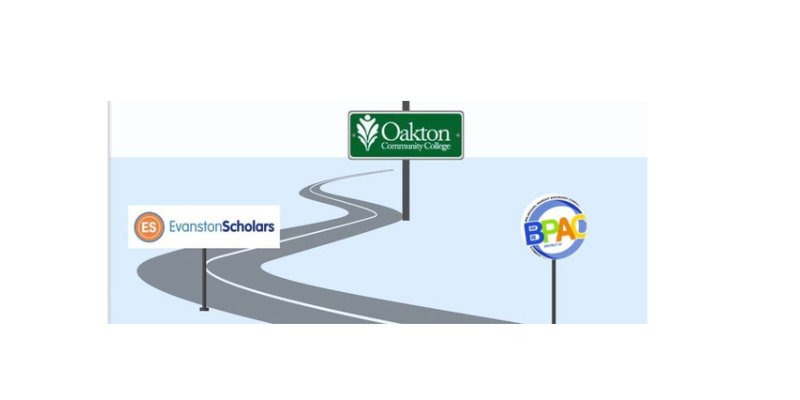 road with blue backgrounx with signs for BPAC, Oakton, and Evanston