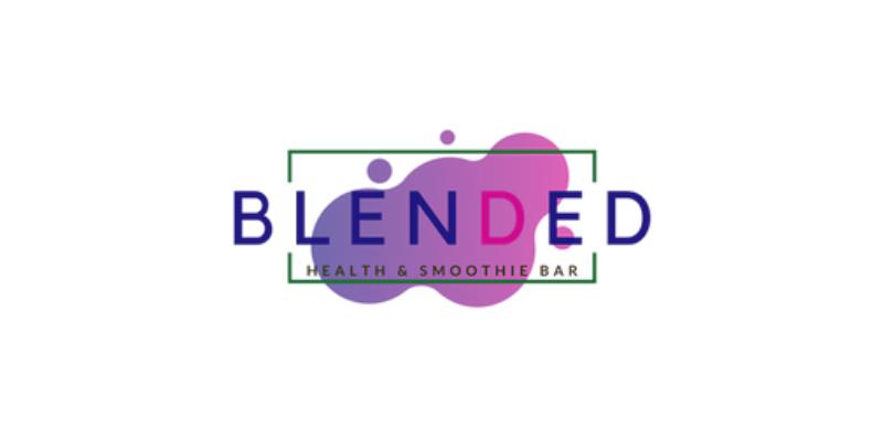 Blended Health and Smoothie Bar (Green lines frame the words, while there is an ombre-from purple to rose pool of color in the background.)