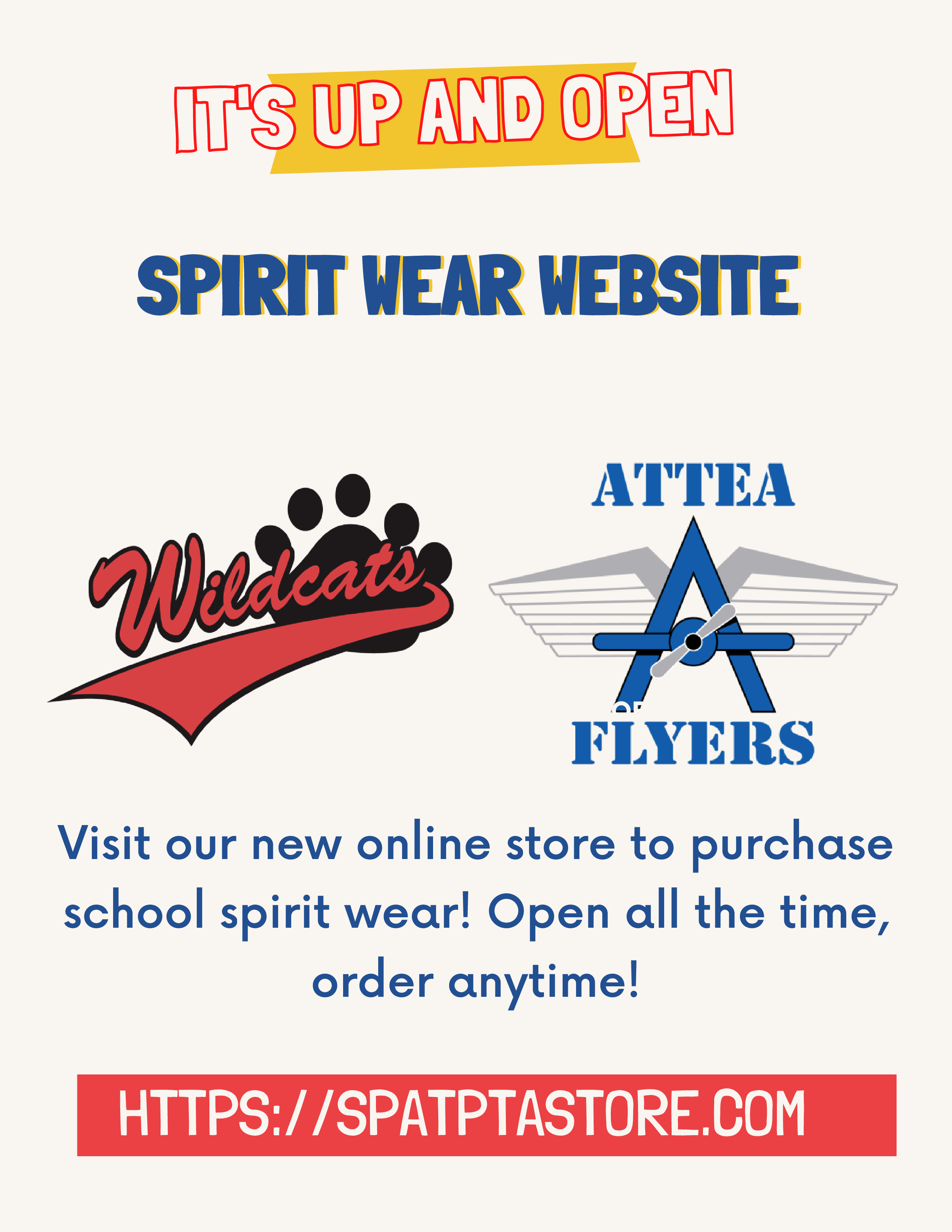 Энэ нь нээлттэй, нээлттэй байна! Spirit Wear вэб сайт (тэр үед Springman Wildcats лого болон Attea Flyers лого) Манай онлайн дэлгүүрээр зочилж сургуулийн сүнсний хувцас худалдаж аваарай! Үргэлж нээлттэй, хүссэн үедээ захиалаарай!