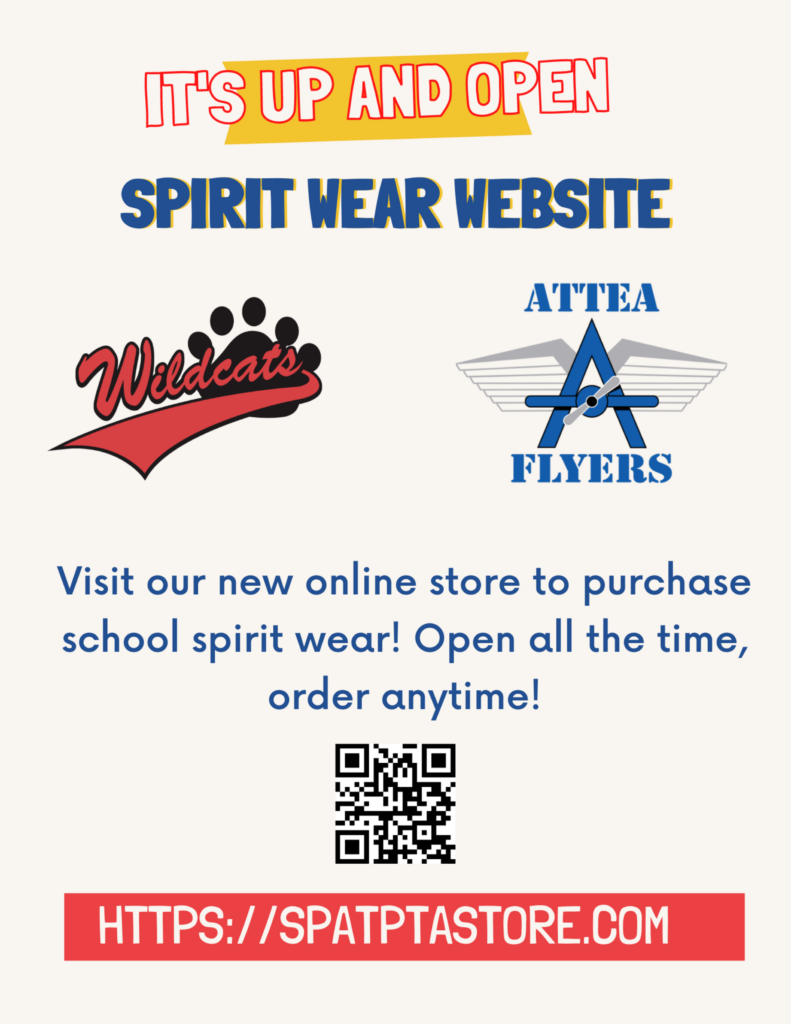 It's up and open!  Spirit Wear Website for Springman Wildcats and Attea Flyers.  Visit our new online store to purchse school spirit wear! Open all the time, order anytime! https://spatptastore.com