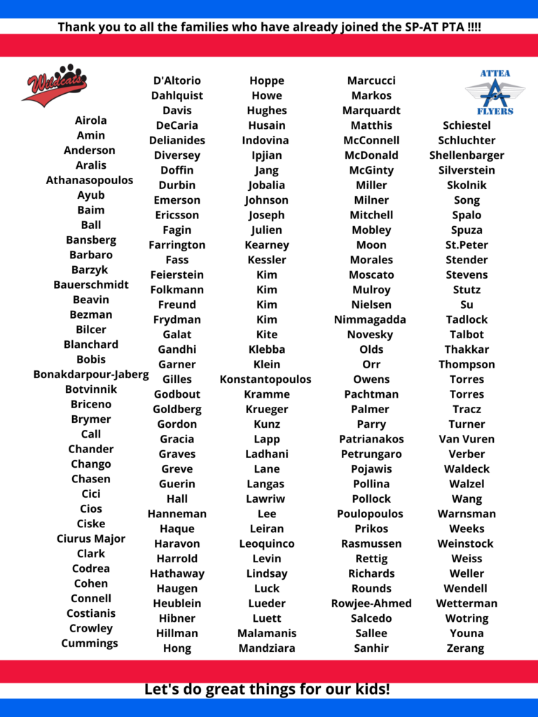 Thank you to all the families who have already joined the SP-AT PTA!!!!
(List of surnames) Then at the bottom: Let's do great things for our kids! 