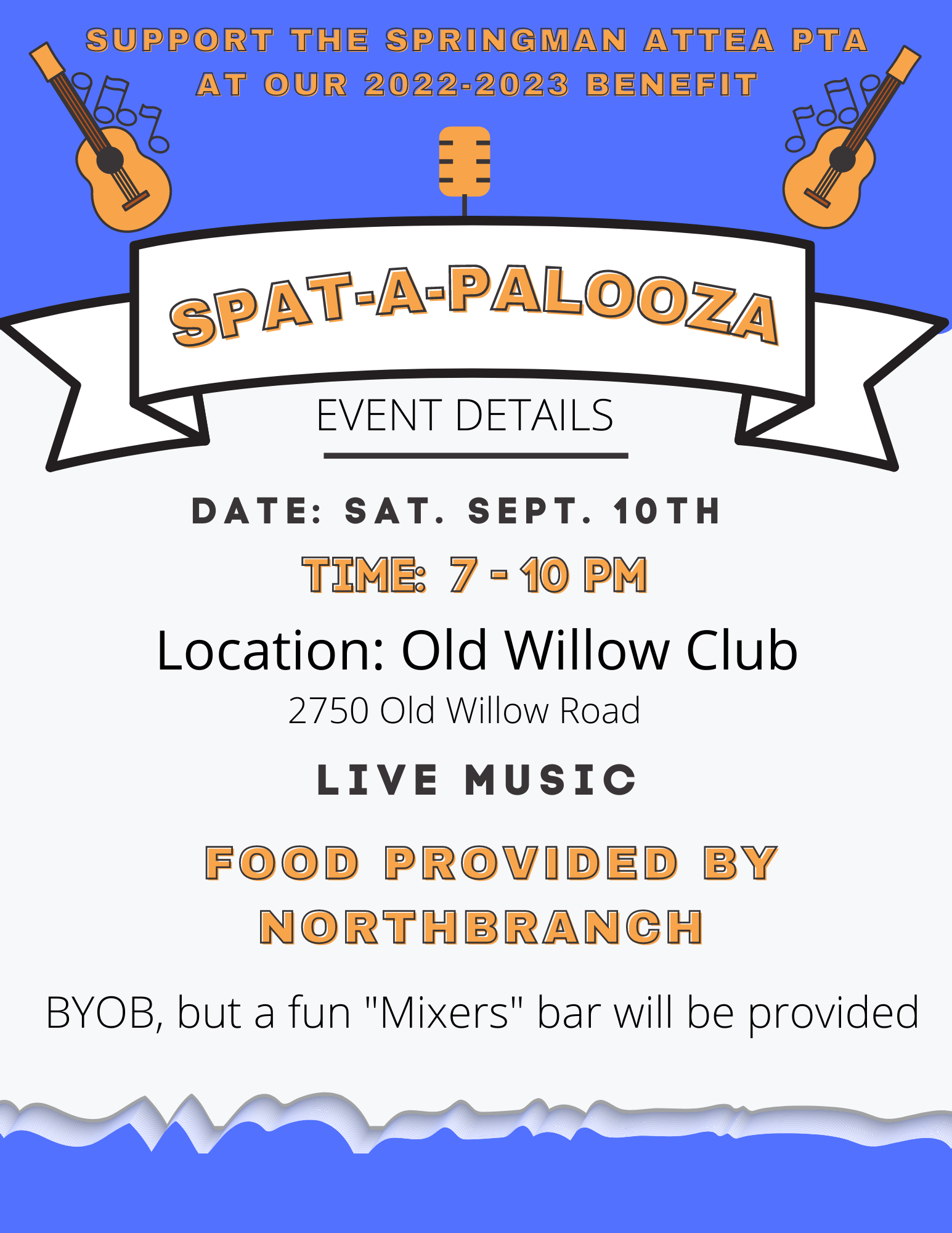 Spat-A-Palooza Info, Sept 10, 2022, 7-10 pm, live music, food from NorthBranch, BYOB but enjoy mixer bar,