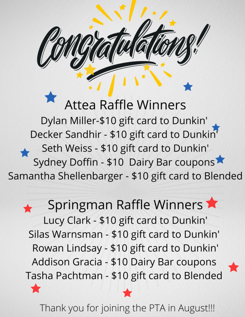 List of student Gift Card winners at both Attea and Springman.  