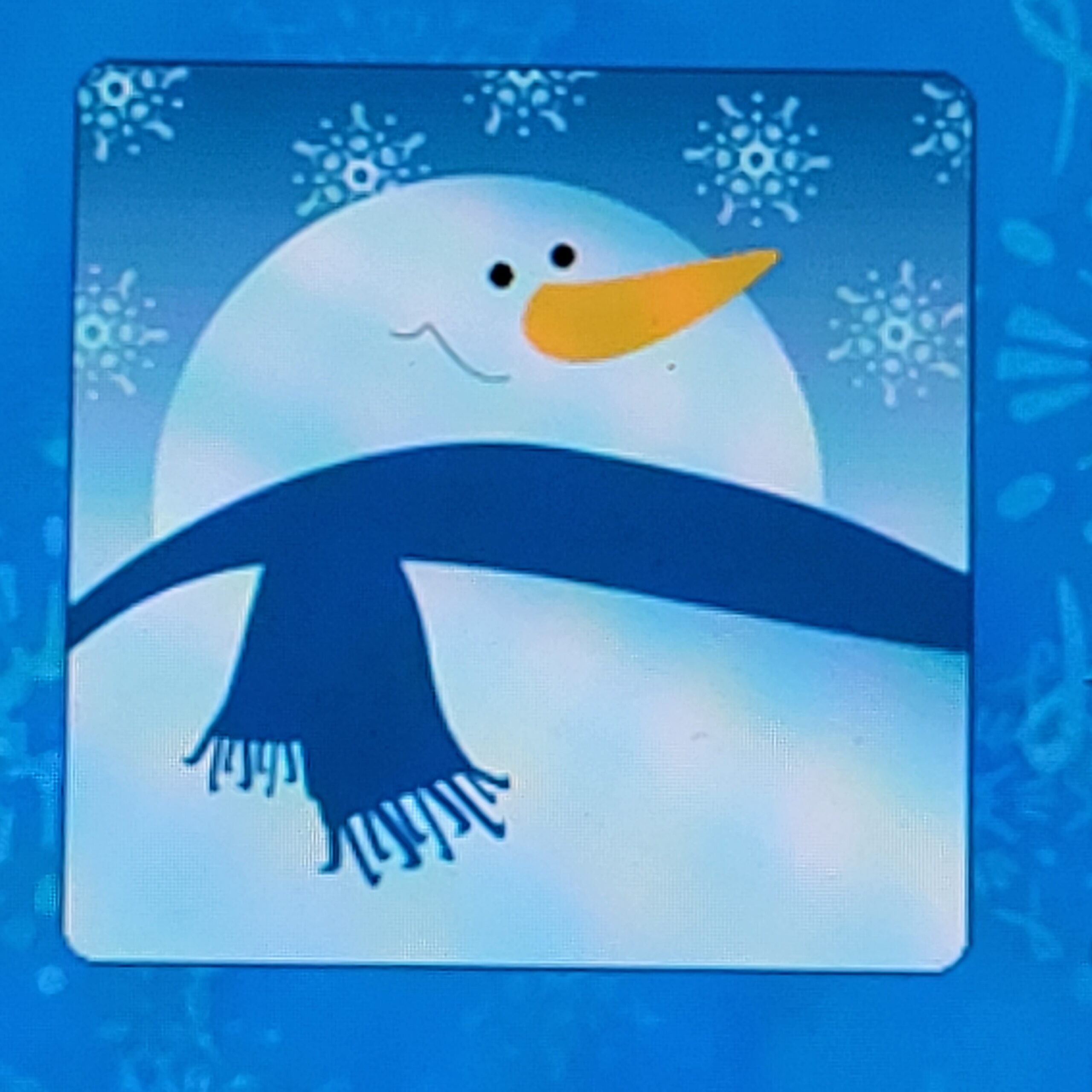 No Text. Blue and white border with Snowperson in the center. Snowperson has a blue scarf with fringe around their neck, a smile, black small eyes, and an orange carrot nose. Blue sky in the background with snowflakes.