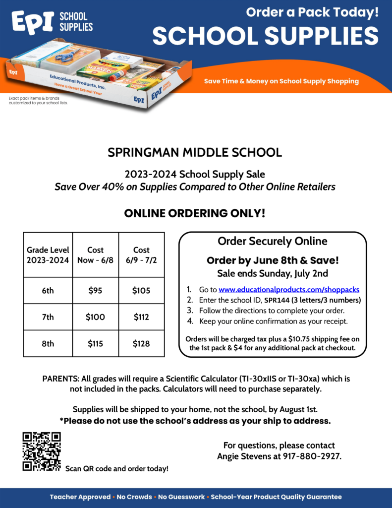 Springman School Suppy Order information
