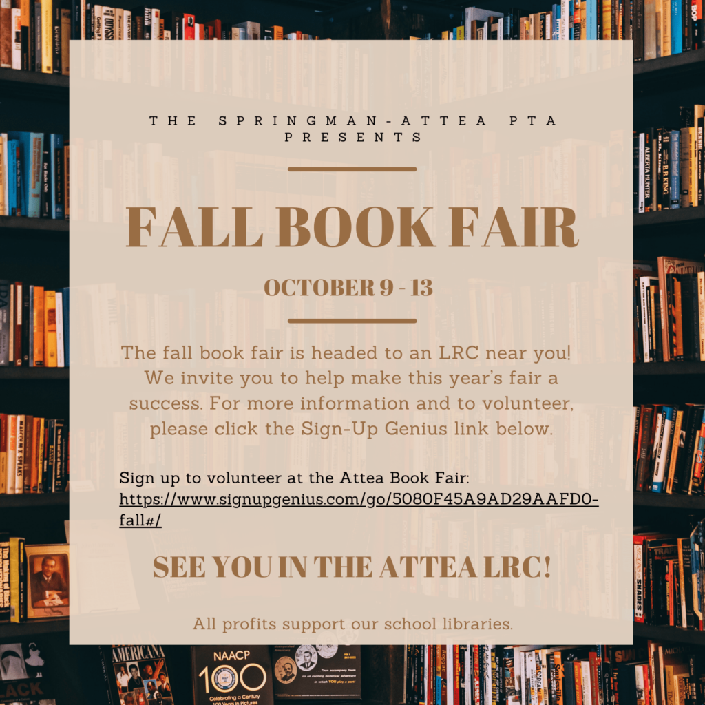 Attea Book Fair October 9 - 13, 2023.  The fall Book fair is head to an LRC near you!  We invite you to help make this year's fair a success!  Click on the Sign-Up genius below.  