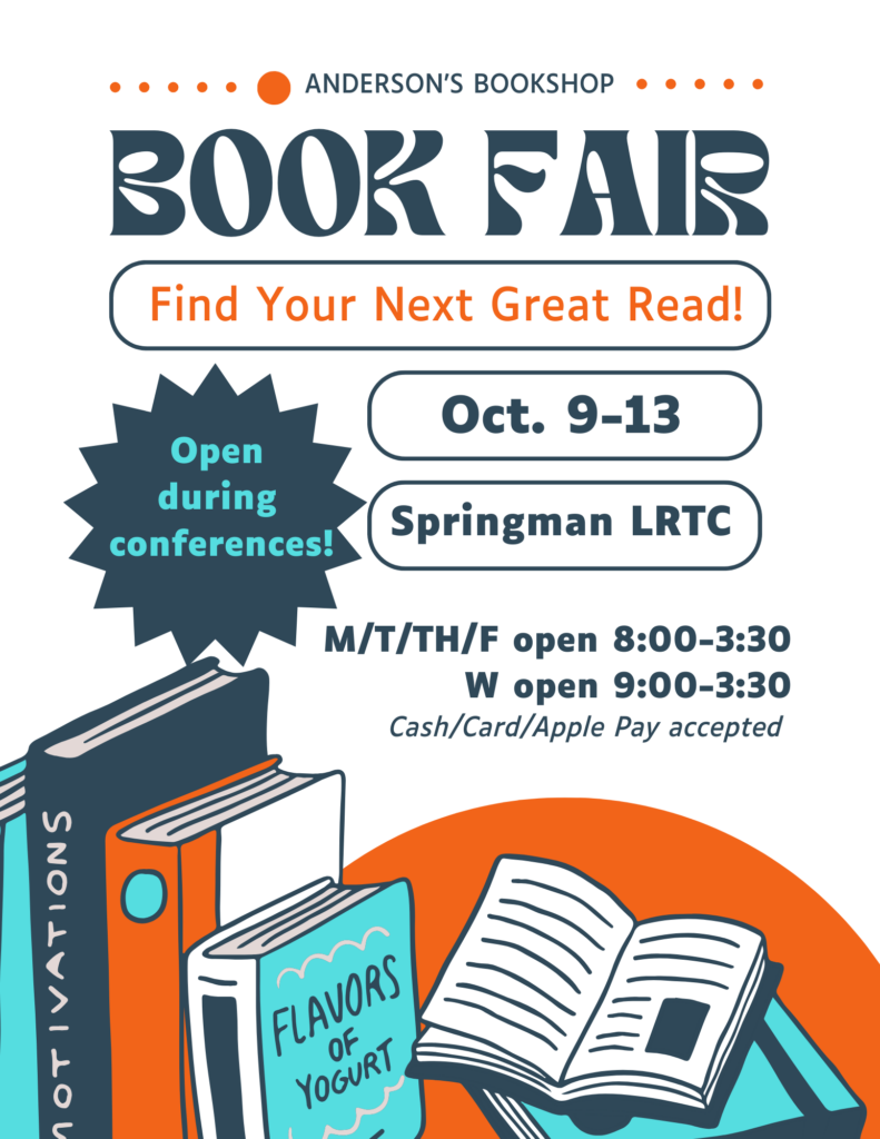 Springman LRTC book fair!  October 9 - 13, 2023.  Open during conferences.  Cash/Card/Apple Pay accepted.  