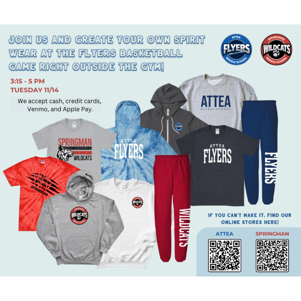 Join us at Attea and Create your own spirit wear at the flyers basketball game right outside the gym!  3:15-5pm on Tuesday, Nov 14th!  We accept cash credit cards, venmo, and apple pay. 