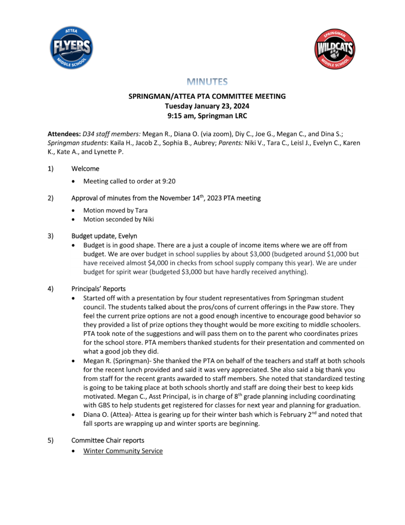 Minutes  SP-AT PTA Committee Meeting TUesday January, 23, 2024, 9:15 am, SPRINGMAN LRC