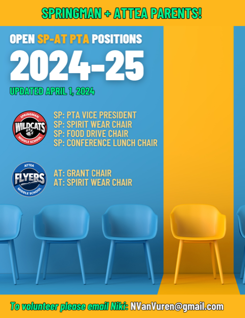Open SP-AT PTA Positions for 2024-25
Updated April 1, 2024
Springman:  PTA Vice President, Spirit Wear Chair, Food Drive Chair, Conference Lunch Chair
Attea:  Grant Chair, Spirit Wear Chair
To volunteer, please email Niki: NVanVuren@gmail.com