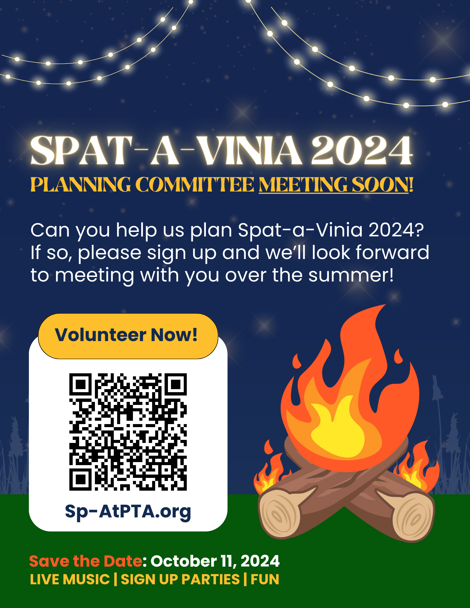 Spat-A-Vinia 2024 Planning Committee Meeting Soon! Can you help us plan? If so, please sign up and we'll look forward to meeting with you over the summer! Save the Date: October 11, 2024 Live Music, Sign Up Parties, Fun!