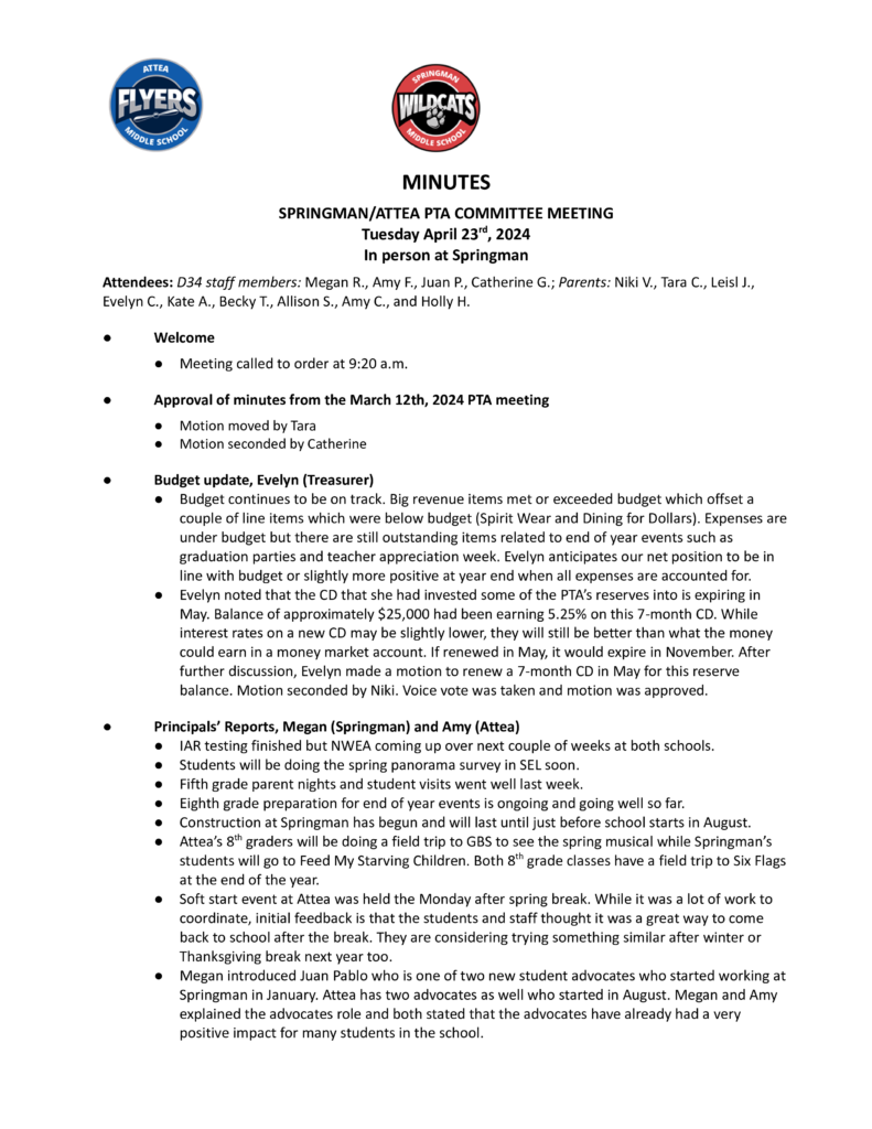 First Page of Minutes from Springman-Attea PTA Meeting on Tuesday, April 23rd, 2024 in Person at Springman.  Called to order at 9:20 am. 